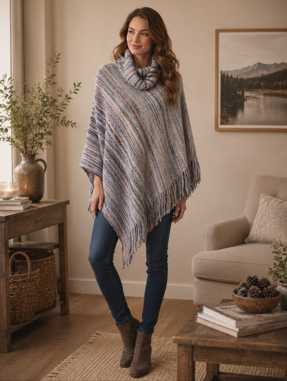 Coco Carmen Poncho Knit Fringe Boho Striped Asymmetrical One Size